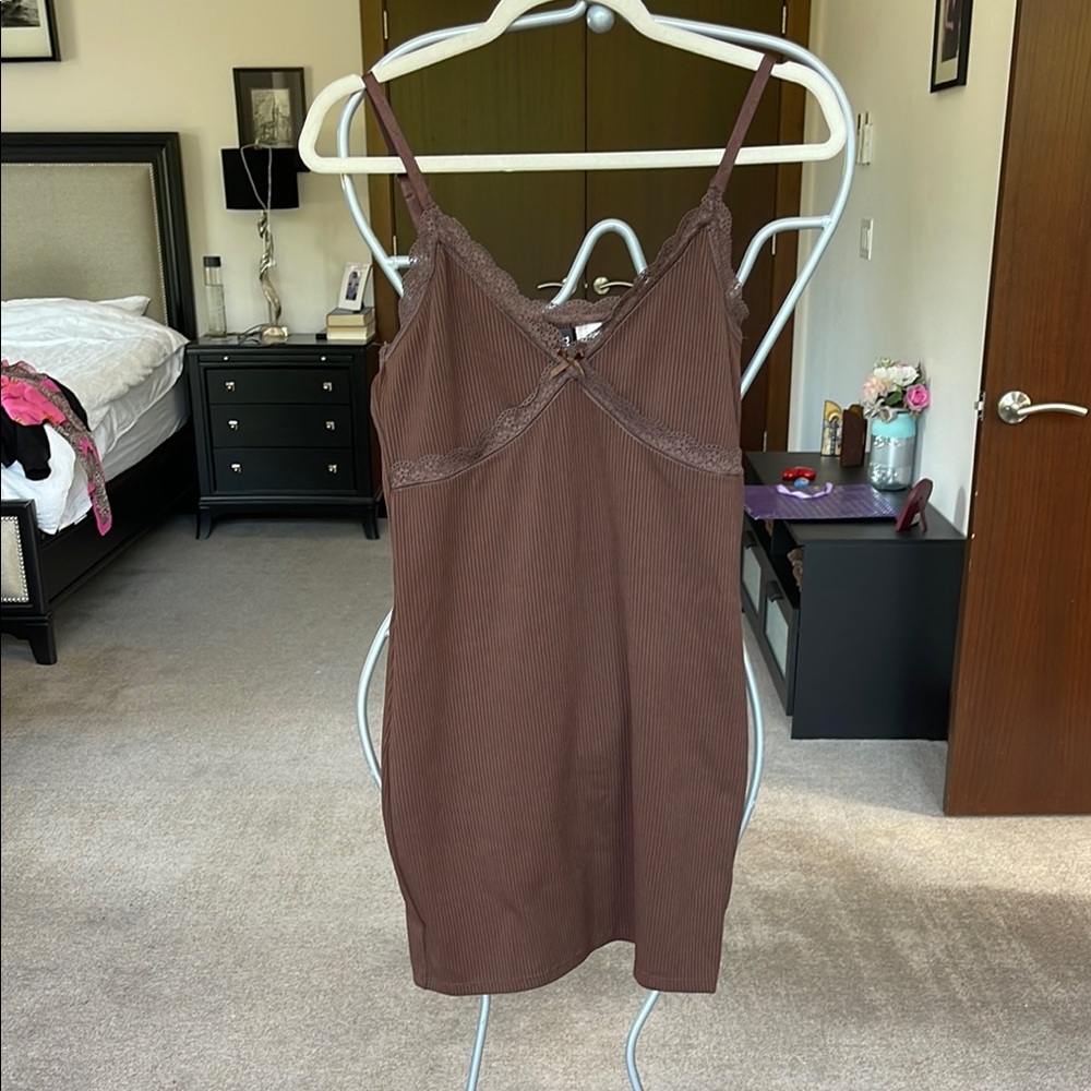 Viral Brown Lace Trim Slip Dress